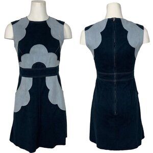 Kira Plastinia Floral Faux Suede Dress S Blue Sleeveless Mini Sheath Retro